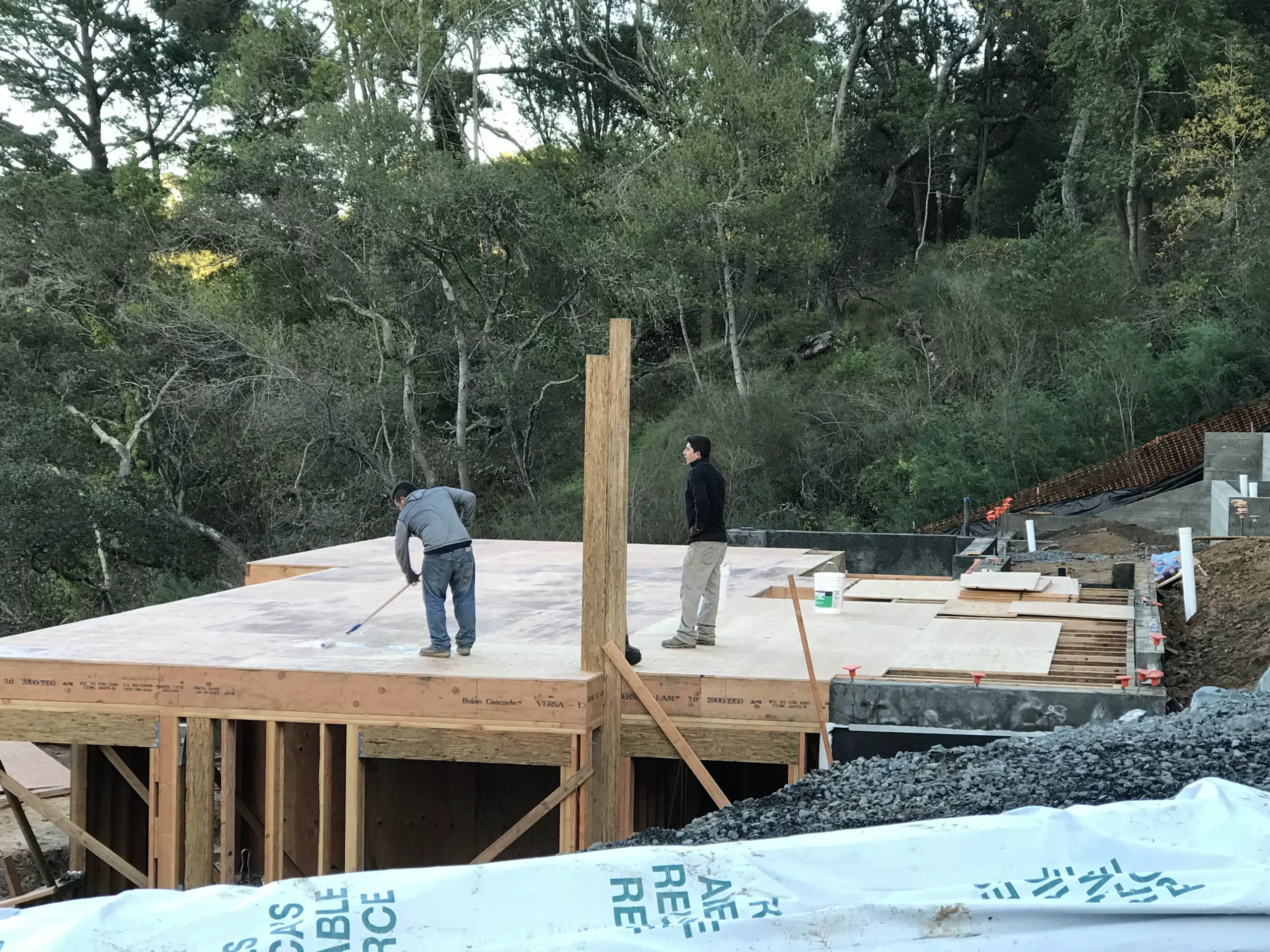 Two men working on the construction of a house.